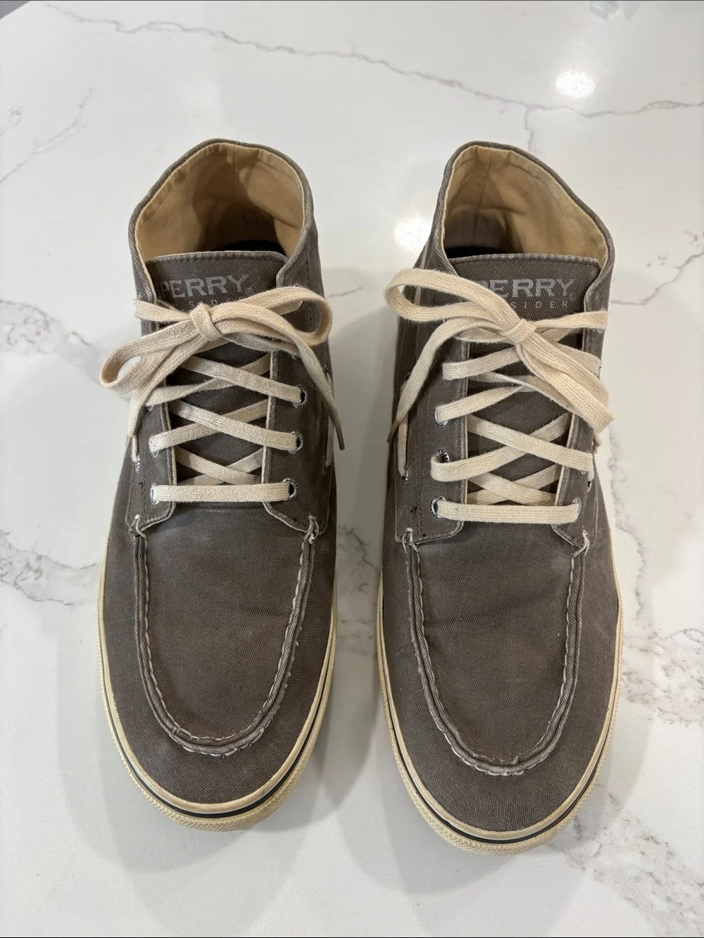 Sperry Men's Taupe Grey Canvas High-Top Boat Shoes Size 10.5